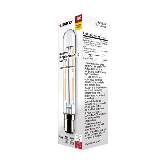 SATCO 4 Watt T6.5 LED - Clear - Double Contact Bayonet Base - 3000K - 400 Lumens - 120 Volt S21374