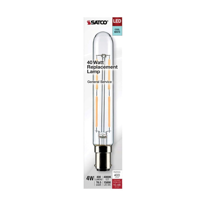 SATCO 4 Watt T6.5 LED - Clear - Double Contact Bayonet Base - 4000K - 400 Lumens - 120 Volt S21375