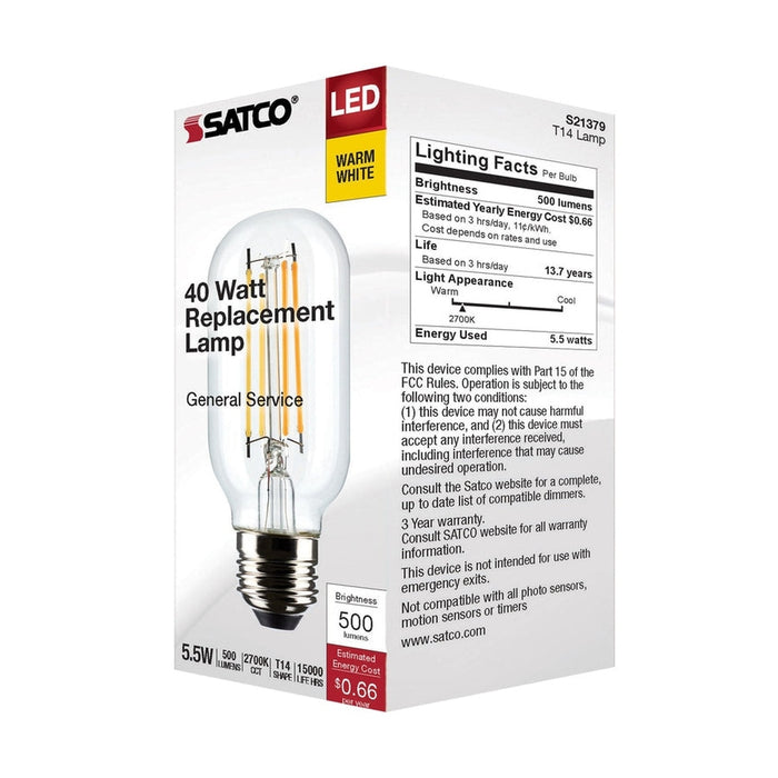 SATCO 5.5 Watt T14 LED - Clear - Medium Base - 2700K - 500 Lumens - 120 Volt S21379