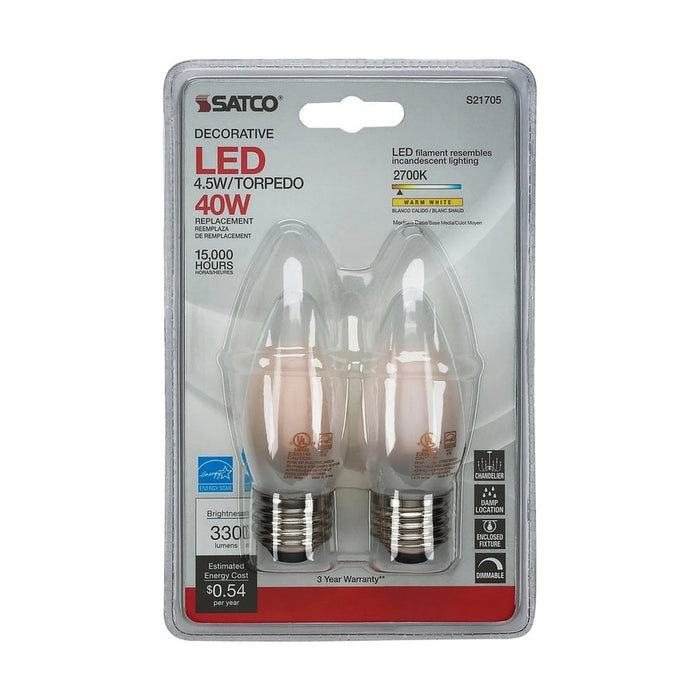 SATCO 4.5 Watt B11 LED - Frosted - Medium base - 2700K - 330 Lumens - 120 Volt - 2-Card S21705