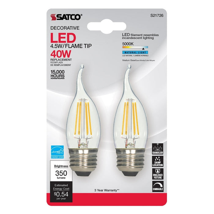 SATCO 4.5 Watt CA10 LED - Clear - Medium base - 5000K - 120 Volt - 2-Card S21726