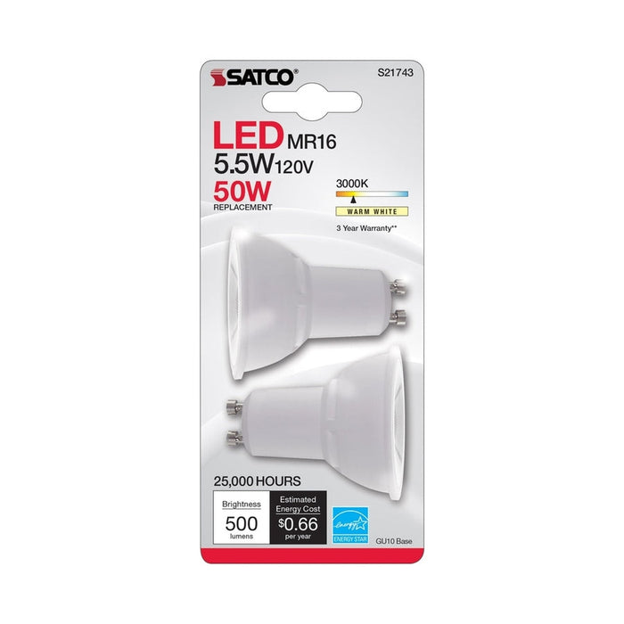 SATCO 5.5 Watt MR16 LED - GU10 base - 3000K - 120 Volt - 40 deg. Beam Angle - 2-Card S21743