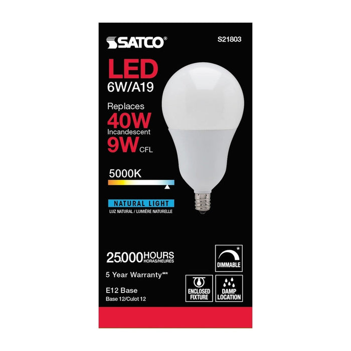 SATCO 6 Watt - A19 LED - 5000K - Candelabra base - 220 deg. Beam Angle - 120 Volt S21803