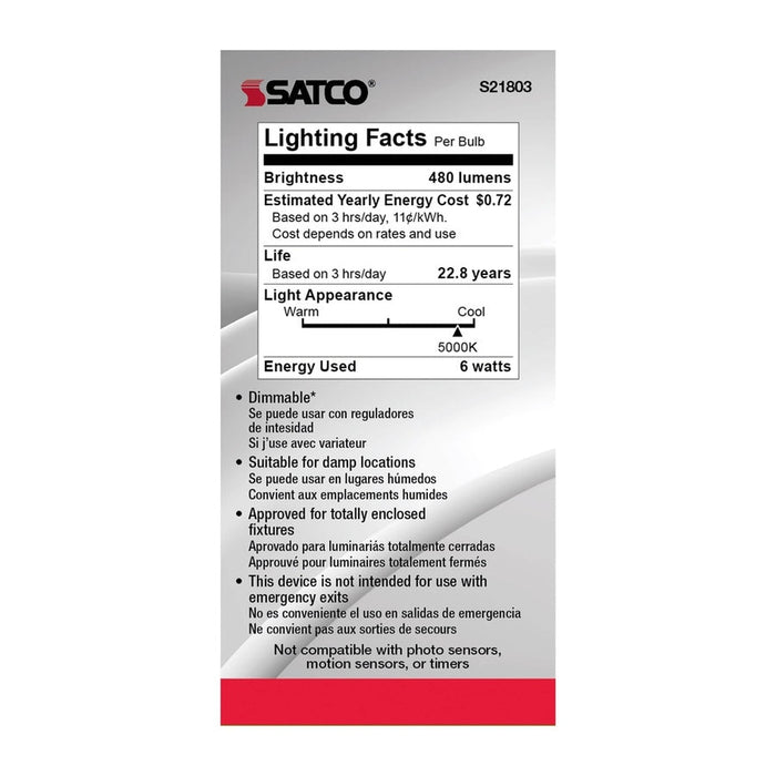 SATCO 6 Watt - A19 LED - 5000K - Candelabra base - 220 deg. Beam Angle - 120 Volt S21803