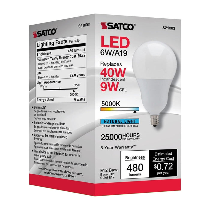 SATCO 6 Watt - A19 LED - 5000K - Candelabra base - 220 deg. Beam Angle - 120 Volt S21803