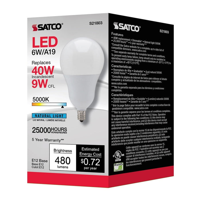 SATCO 6 Watt - A19 LED - 5000K - Candelabra base - 220 deg. Beam Angle - 120 Volt S21803