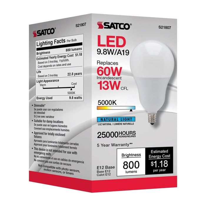 SATCO 9.8 Watt - A19 LED - 5000K - Candelabra base - 220 deg. Beam Angle - 120 Volt S21807