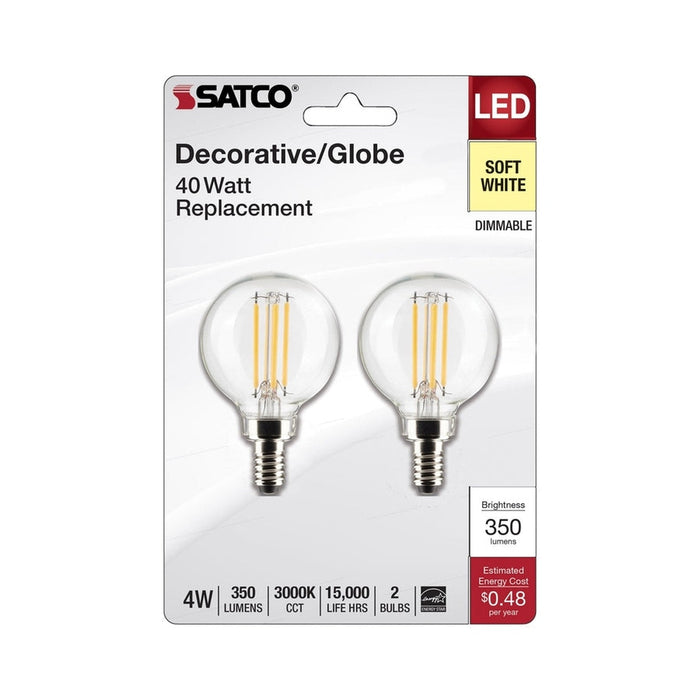 SATCO 4 Watt G16.5 LED - Clear - Candelabra Base - 3000K - 350 Lumens - 120 Volt - 2-Pack S21811