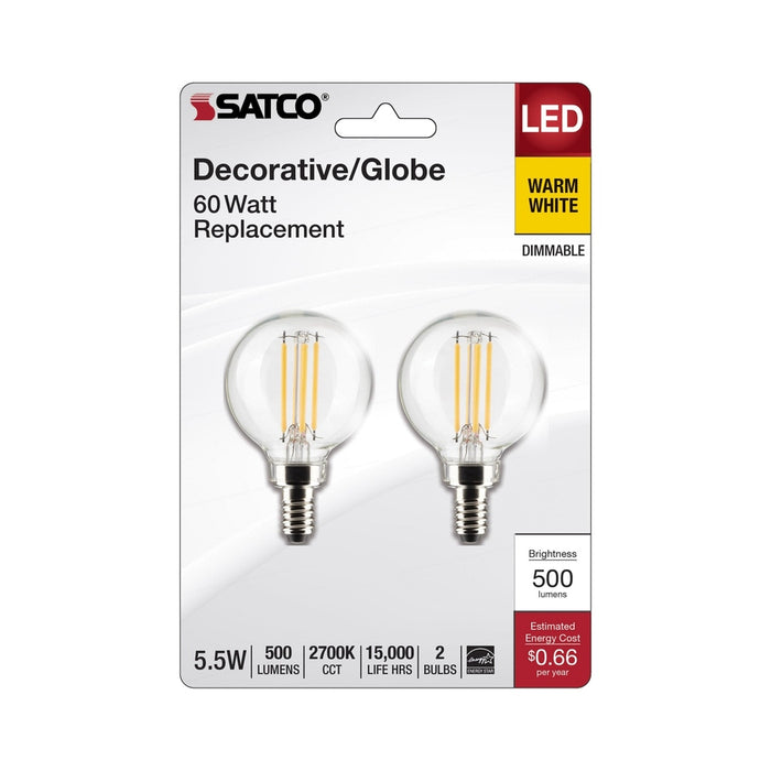 SATCO 5.5 Watt G16.5 LED - Clear - Candelabra Base - 2700K - 500 Lumens - 120 Volt - 2-Pack S21813