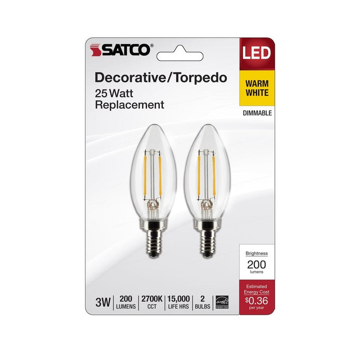 SATCO 3 Watt B11 LED - Clear - Candelabra Base - 2700K - 200 Lumens - 120 Volt - 2-Pack S21817