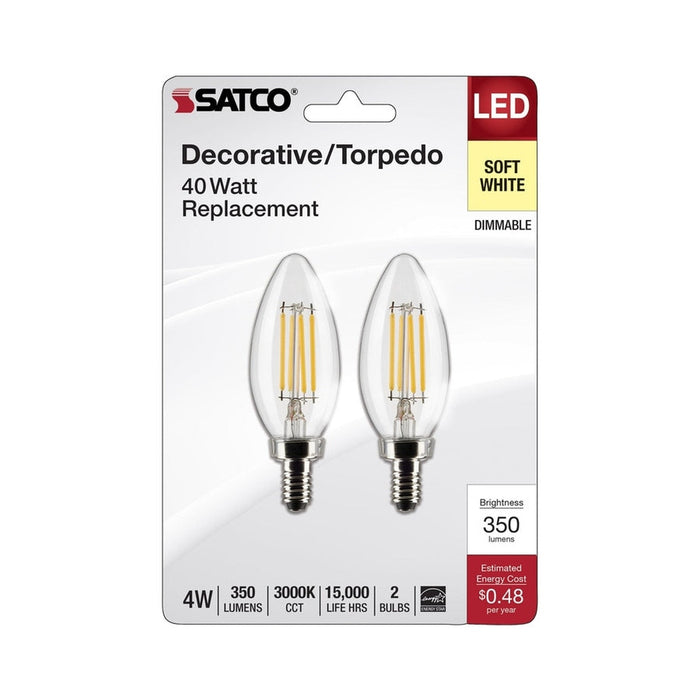 SATCO 4 Watt B11 LED - Clear - Candelabra Base - 3000K - 350 Lumens - 120 Volt - 2-Pack S21820