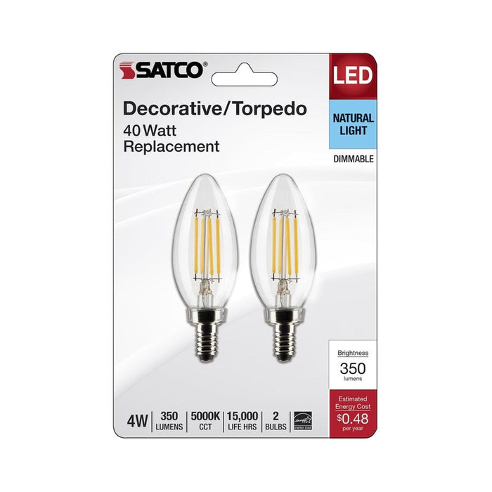 SATCO 4 Watt B11 LED - Clear - Candelabra Base - 5000K - 350 Lumens - 120 Volt - 2-Pack S21822