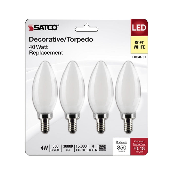 SATCO 4 Watt B11 LED - Frosted - Candelabra Base - 3000K - 350 Lumens - 120 Volt - 4-Pack S21825