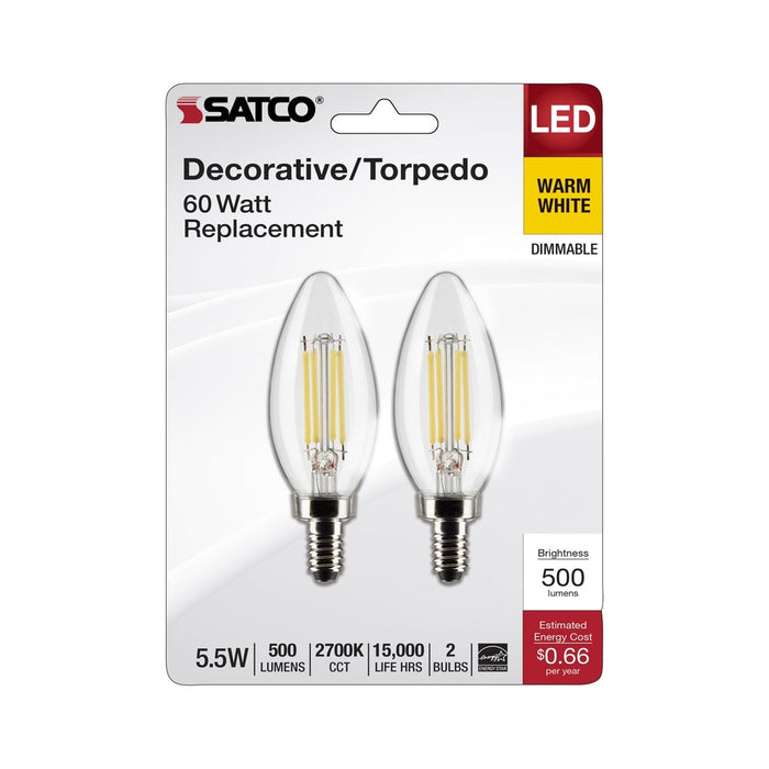 SATCO 5.5 Watt B11 LED - Clear - Candelabra Base - 2700K - 500 Lumens - 120 Volt - 2-Pack S21827