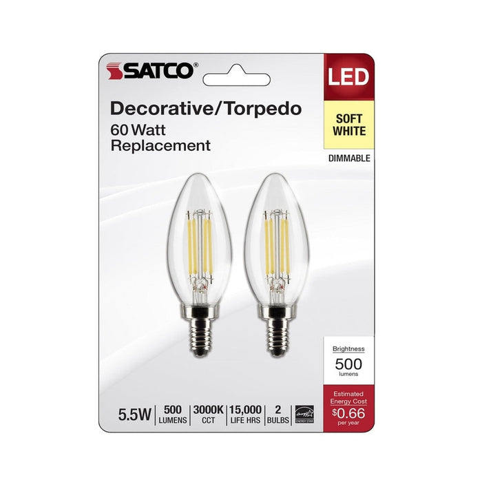 SATCO 5.5 Watt B11 LED - Clear - Candelabra Base - 3000K - 500 Lumens - 120 Volt - 2-Pack S21828