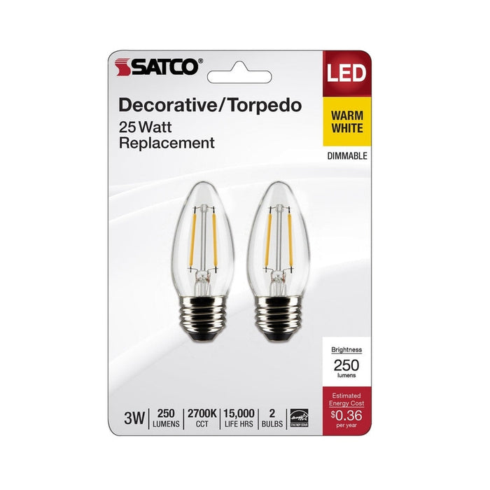 SATCO 3 Watt B11 LED - Clear - Medium Base - 2700K - 250 Lumens - 120 Volt - 2-Pack S21832