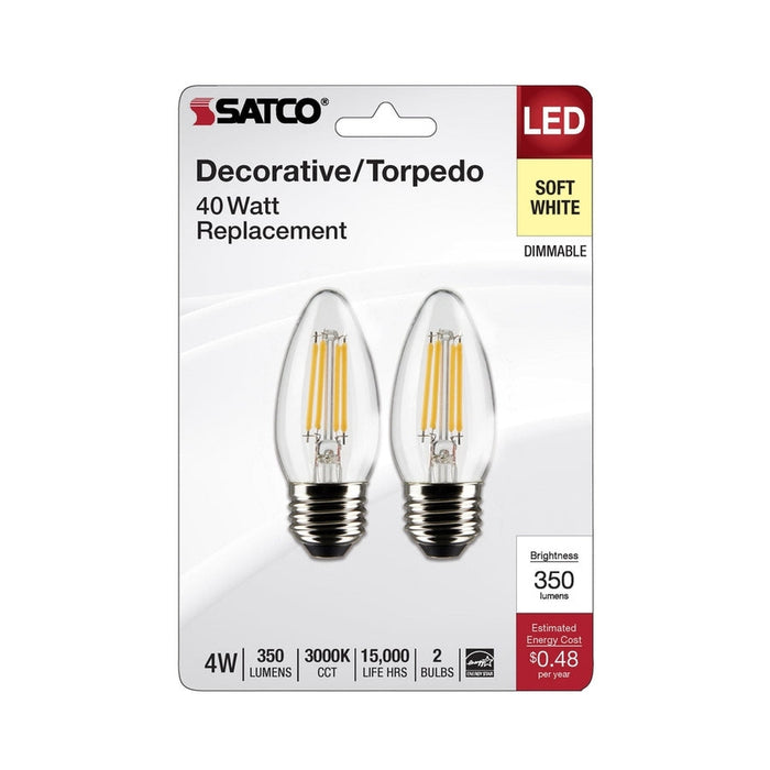 SATCO 4 Watt B11 LED - Clear - Medium Base - 3000K - 350 Lumens - 120 Volt - 2-Pack S21835