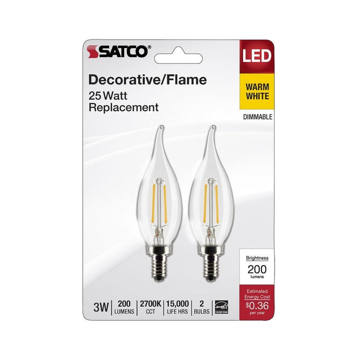 SATCO 3 Watt CA10 LED - Clear - Candelabra Base - 2700K - 200 Lumens - 120 Volt - 2-Pack S21839