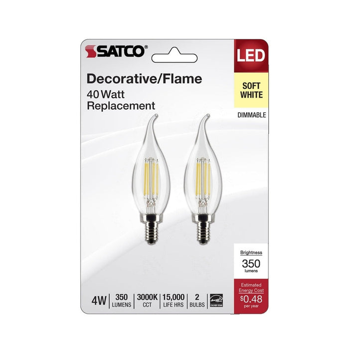 SATCO 4 Watt CA10 LED - Clear - Candelabra Base - 3000K - 350 Lumens - 120 Volt - 2-Pack S21841