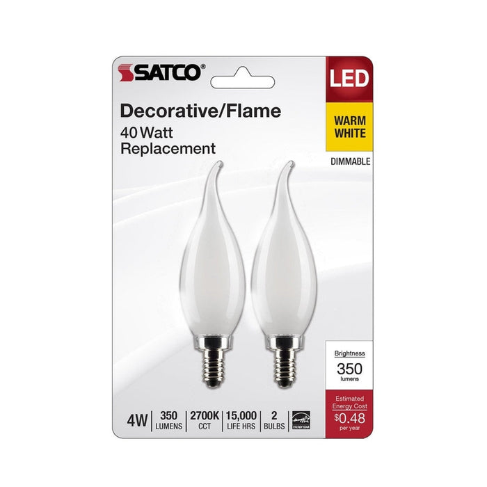 SATCO 4 Watt CA10 LED - Frosted - Candelabra Base - 2700K - 350 Lumens - 120 Volt - 2-Pack S21843