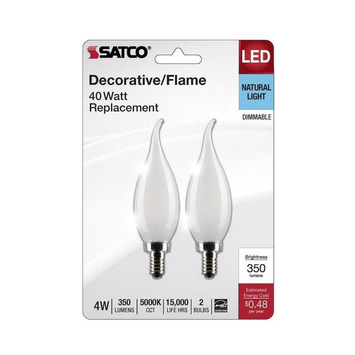 SATCO 4 Watt CA10 LED - Frosted - Candelabra Base - 5000K - 350 Lumens - 120 Volt - 2-Pack S21845