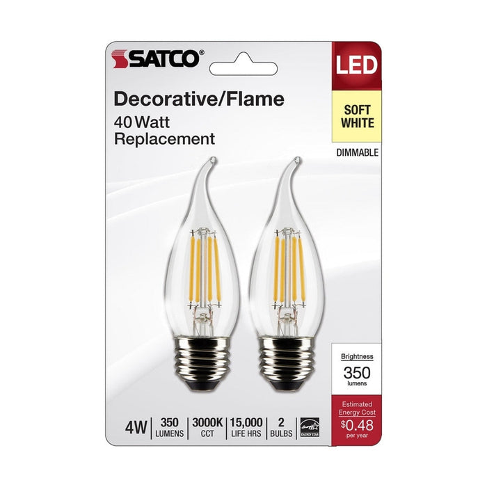 SATCO 4 Watt CA10 LED - Clear - Medium Base - 3000K - 350 Lumens - 120 Volt - 2-Pack S21850