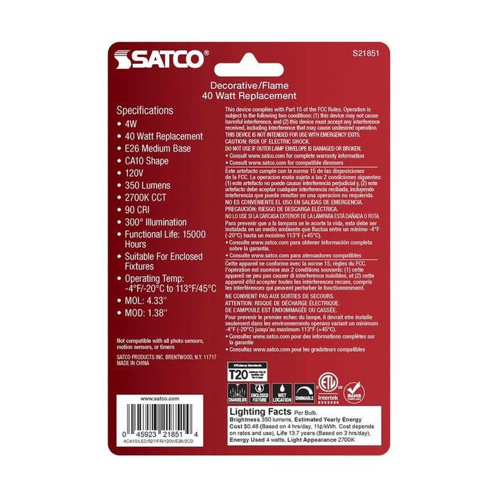 SATCO 4 Watt CA10 LED - Frosted - Medium Base - 2700K - 350 Lumens - 120 Volt - 2- Pack S21851