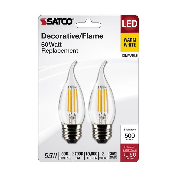 SATCO 5.5 Watt CA10 LED - Clear - Medium Base - 2700K - 500 Lumens - 120 Volt - 2- Pack S21852