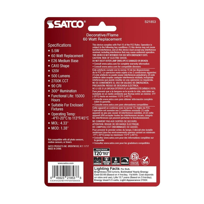 SATCO 5.5 Watt CA10 LED - Frosted - Medium Base - 2700K - 500 Lumens - 120 Volt - 2-Pack S21853