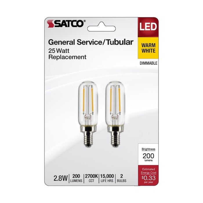 SATCO 2.8 Watt T6 LED - Clear - Candelabra Base - 2700K - 200 Lumens - 120 Volt - 2-Pack S21858