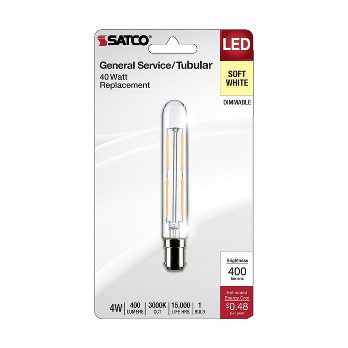 SATCO 4 Watt T6.5 LED - Clear - Bayonet Double Contact Base - 3000K - 400 Lumens - 120 Volt S21861