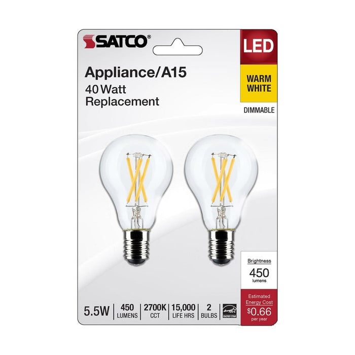 SATCO 5.5 Watt A15 LED - Clear - Intermediate Base - 2700K - 450 Lumens - 2-Pack S21872