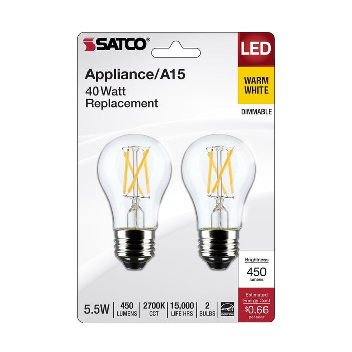 SATCO 5.5 Watt A15 LED - Clear - Medium Base - 2700K - 450 Lumens - 2-Pack S21873