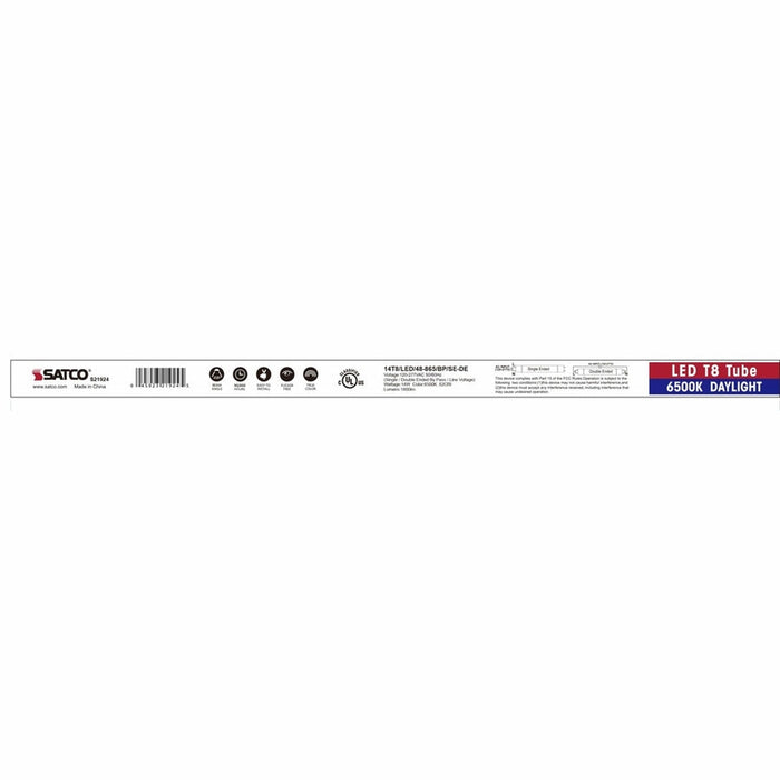 SATCO 14 Watt T8 LED - 4 Foot - 6500K - Medium Bi Pin base - 50000 Average rated hours - 1800 Lumens - Type B - Ballast Bypass - Single or Double Ended Wiring - 25-Pack S21924