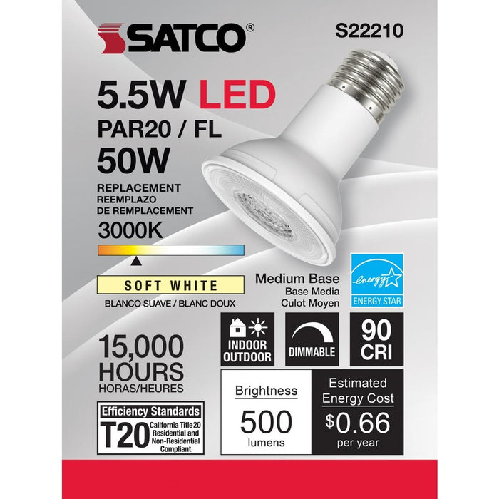 5.5 Watt PAR20 LED - 90 CRI - 3000K - 40 deg. Beam Angle - Medium base - 120 Volt - 6-Pack