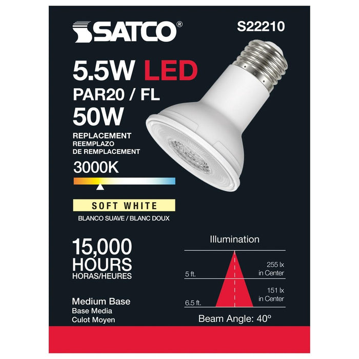 5.5 Watt PAR20 LED - 90 CRI - 3000K - 40 deg. Beam Angle - Medium base - 120 Volt - 6-Pack