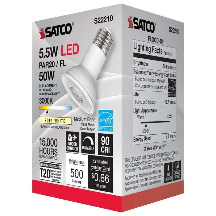 5.5 Watt PAR20 LED - 90 CRI - 3000K - 40 deg. Beam Angle - Medium base - 120 Volt - 6-Pack