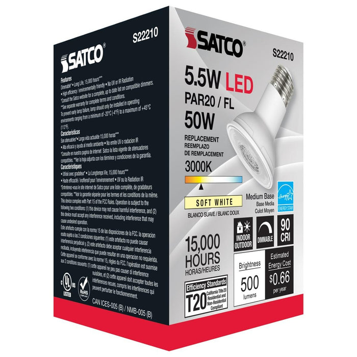 5.5 Watt PAR20 LED - 90 CRI - 3000K - 40 deg. Beam Angle - Medium base - 120 Volt - 6-Pack