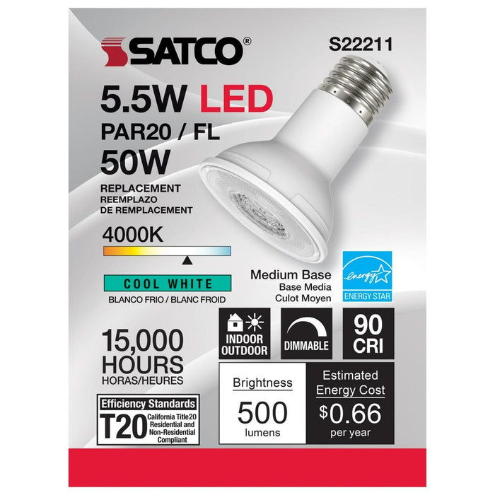 5.5 Watt PAR20 LED - 90 CRI - 4000K - 40 deg. Beam Angle - Medium base - 120 Volt - 6-Pack