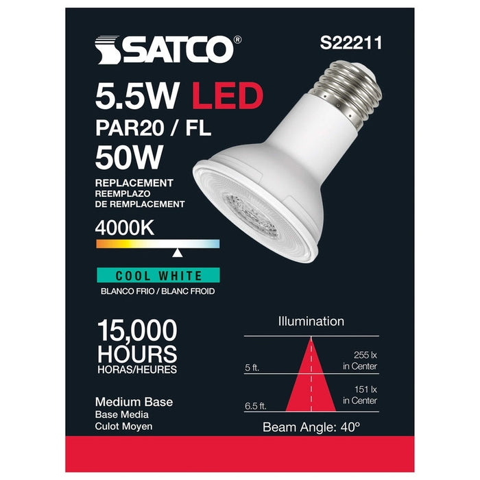 SATCO 5.5 Watt PAR20 LED - 90 CRI - 4000K - 40 deg. Beam Angle - Medium base - 120 Volt S22211