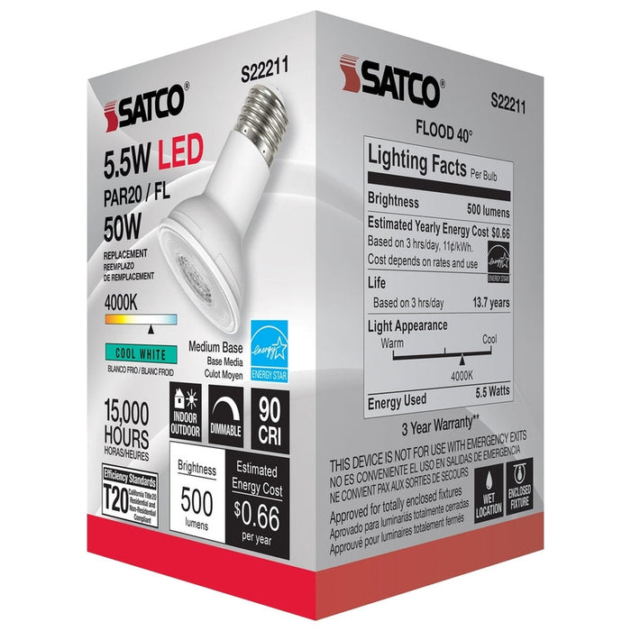 SATCO 5.5 Watt PAR20 LED - 90 CRI - 4000K - 40 deg. Beam Angle - Medium base - 120 Volt S22211