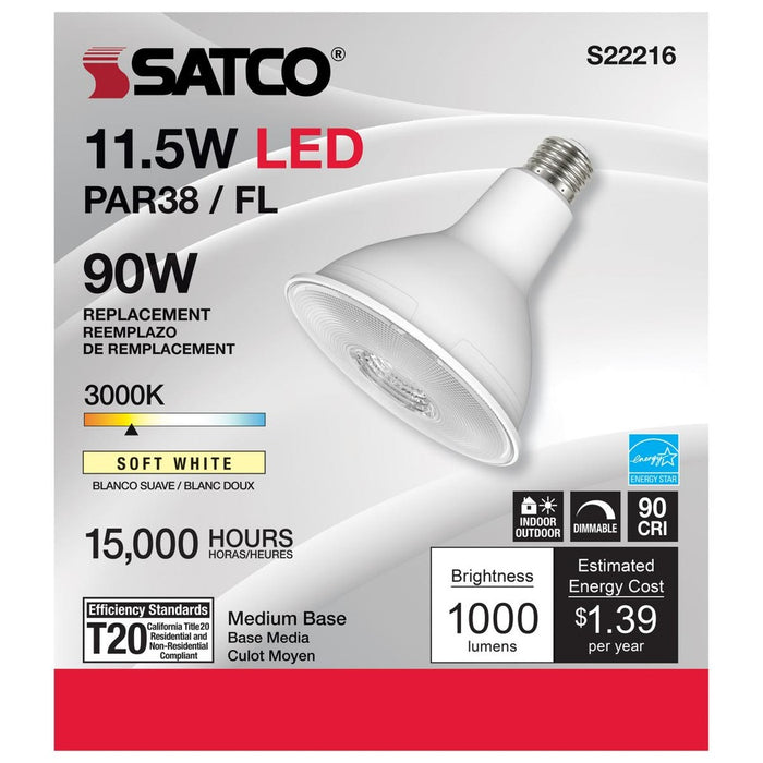 11.5 Watt PAR38 LED - 90 CRI - 3000K - 40 deg. Beam Angle - Medium base - 120 Volt - 6-Pack