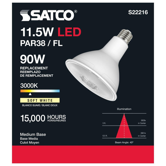 11.5 Watt PAR38 LED - 90 CRI - 3000K - 40 deg. Beam Angle - Medium base - 120 Volt - 6-Pack