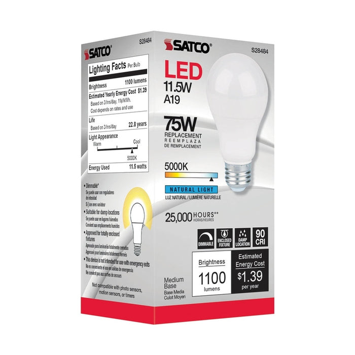 SATCO 11.5 Watt - A19 LED - 90CRI - 5000K - Medium base - 220 deg. Beam Angle - 120 Volt - 1100 Lumens - CEC S28484