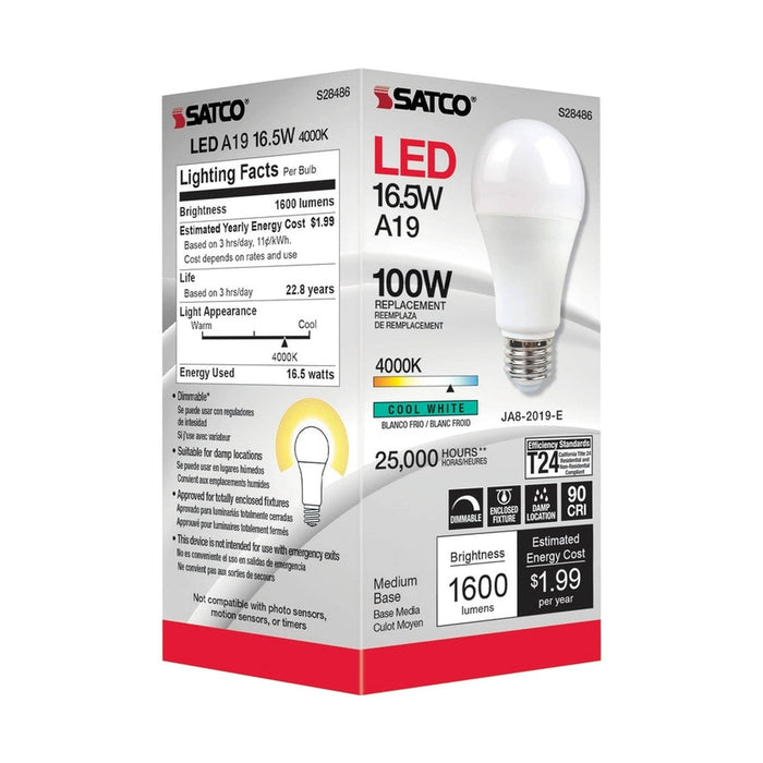 SATCO 16.5 Watt - A19 LED - 90CRI - 4000K - Medium base - 220 deg. Beam Angle - 120 Volt - 1600 Lumens - CEC S28486