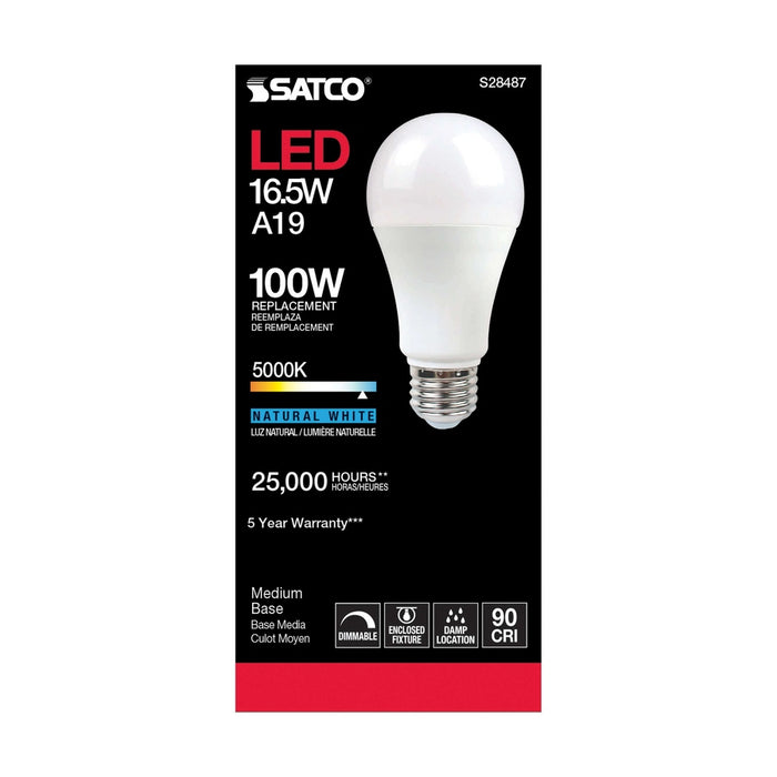 SATCO 16.5 Watt - A19 LED - 90CRI - 5000K - Medium base - 220 deg. Beam Angle - 120 Volt - 1600 Lumens - CEC S28487