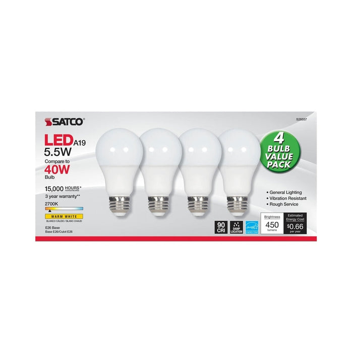 SATCO 5.5 Watt - A19 LED - Frosted - 2700K - Medium base - 120 Volt - 4-pack S28557