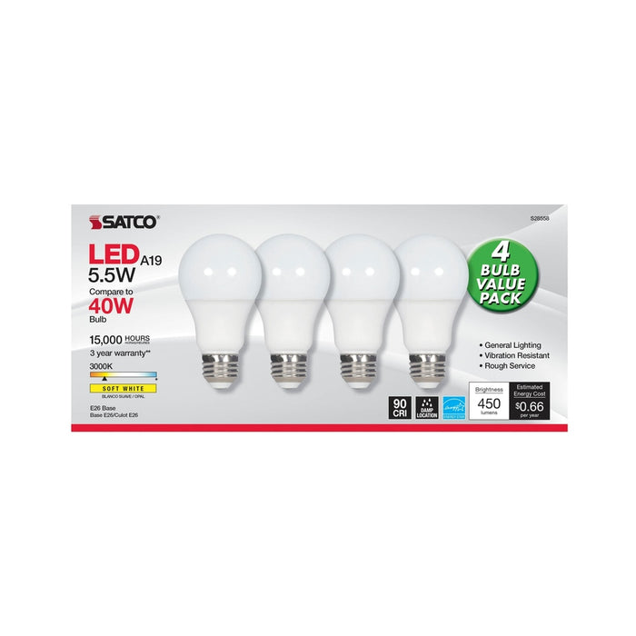 SATCO 5.5 Watt - A19 LED - Frosted - 3000K - Medium base - 120 Volt - 4-pack S28558