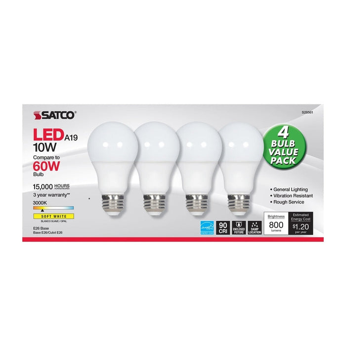 SATCO 10 Watt - A19 LED - Frosted - 3000K - Medium base - 120 Volt - 4-pack S28561