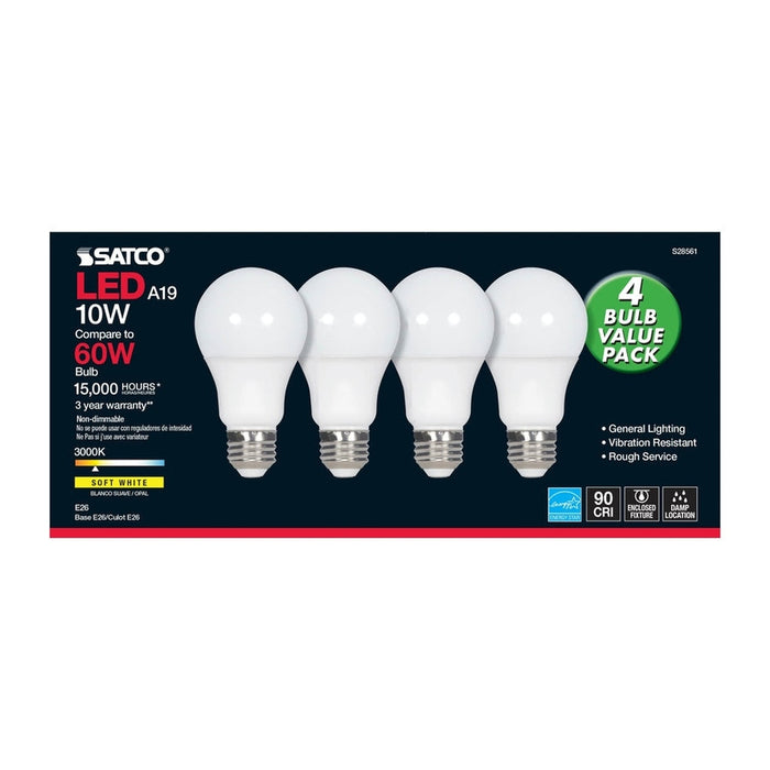 SATCO 10 Watt - A19 LED - Frosted - 3000K - Medium base - 120 Volt - 4-pack S28561